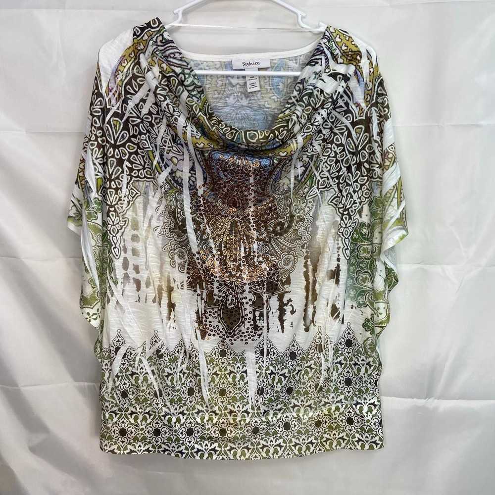 NWOT Style & Co women's green‎ white floral tie dyed faux sequin loose blouse L
